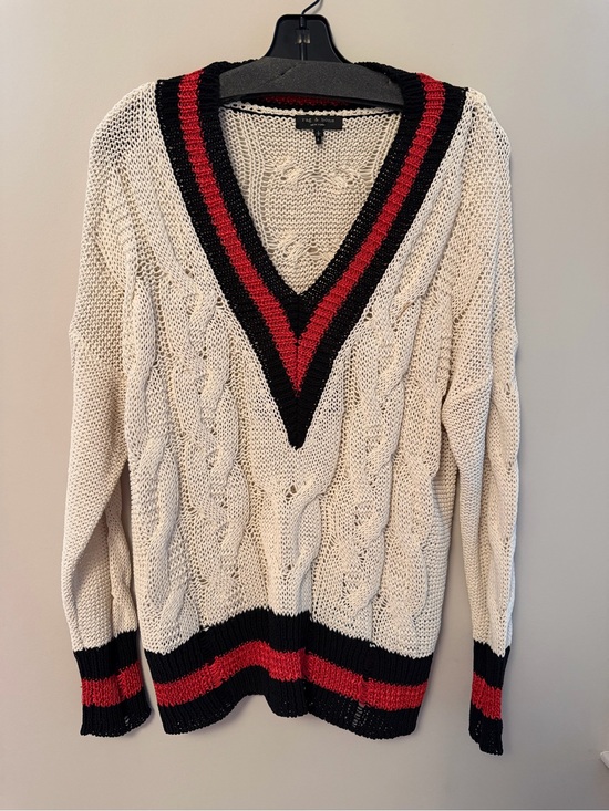rag & bone Sweaters - Rag & Bone Cable Knit V-Neck Sweater with Red & Black Trim